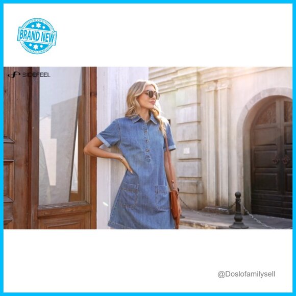 Denim Button Down Shirt Dress Casual Chic A-Line Summer Mini Dress - Picture 7 of 7
